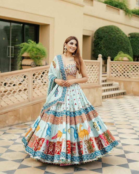 Designer Navratri Lehenga Choli Set in Heavy Muslin Cotton with Digital Prints & Real Mirror Work – Traditional Garba Wear