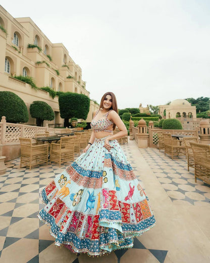 Designer Navratri Lehenga Choli Set in Heavy Muslin Cotton with Digital Prints & Real Mirror Work – Traditional Garba Wear