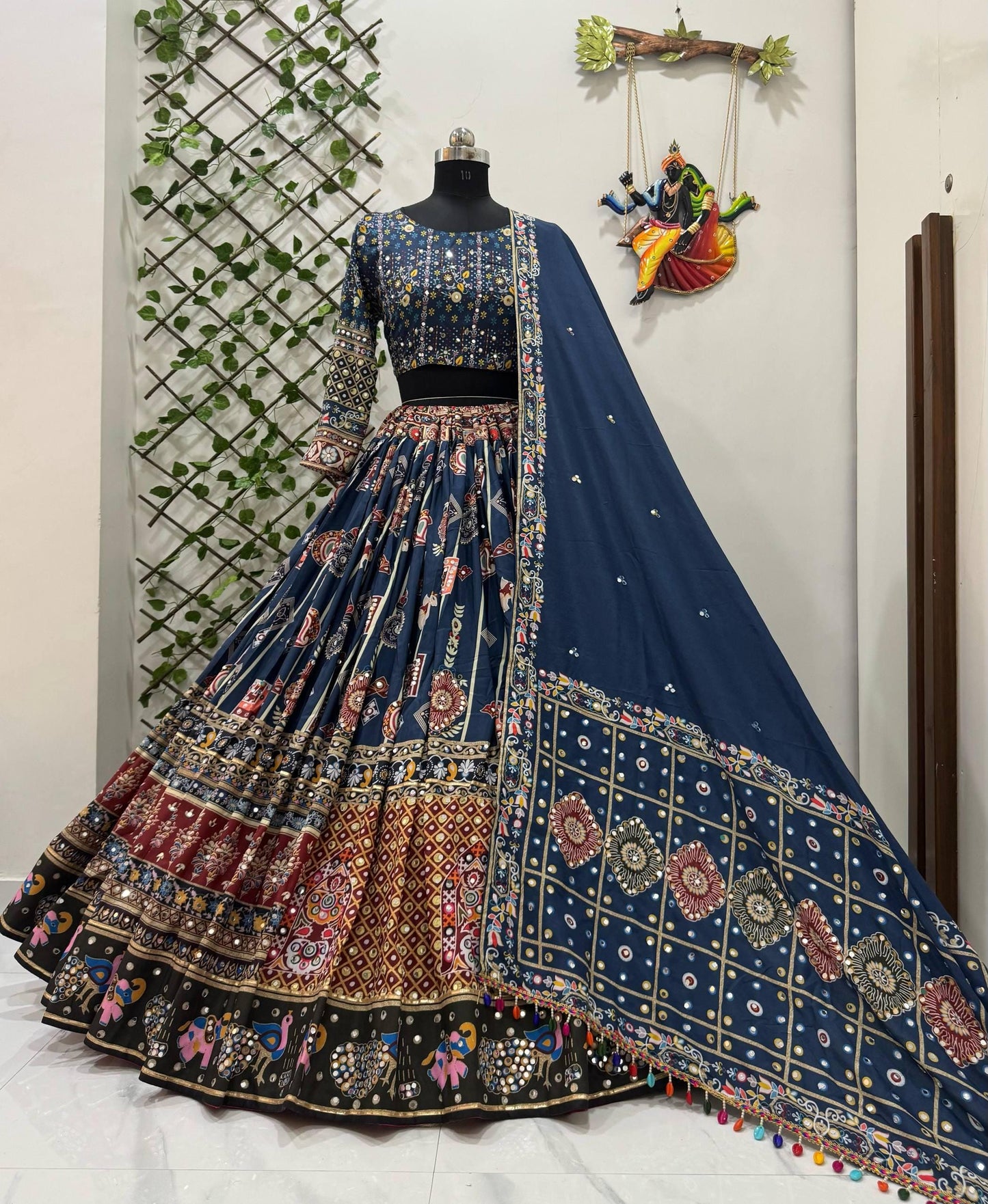 Gujarati Navratri Garba Outfit Mirror Work Chaniya Choli with Digital Print, Real Mirror & Gota Patti Lace Work – Festive Ethnic Lehenga Set