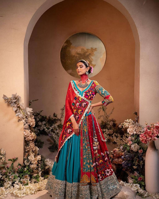Navratri Special Muslin Cotton Lehenga Choli with Printed Design, Real Mirror Work & Handcrafted Lace Dupatta – Festive Garba Wear