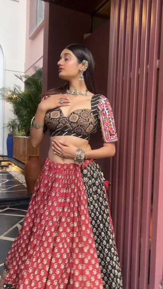 Gujarati Navratri Garba Outfit Mirror Work Lehenga Choli with Printed Reyon, Real Mirror & Mal Cotton Dupatta – Festive Ethnic Lehenga