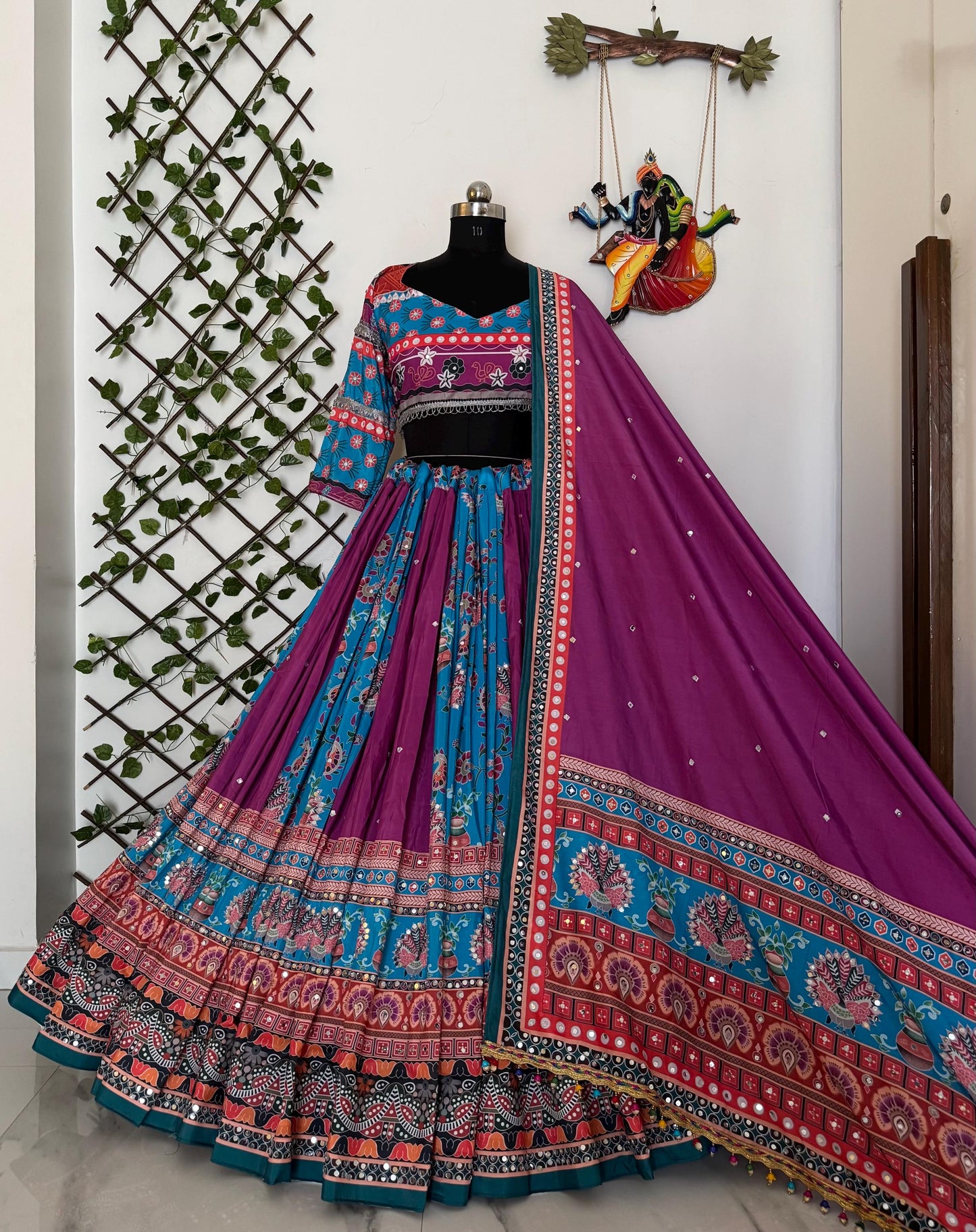 Gujarati Navratri Garba Outfit Mirror Work Lehenga Choli with Digital Print, Real Mirror & Fancy Lace Work – Festive Ethnic Lehenga Set