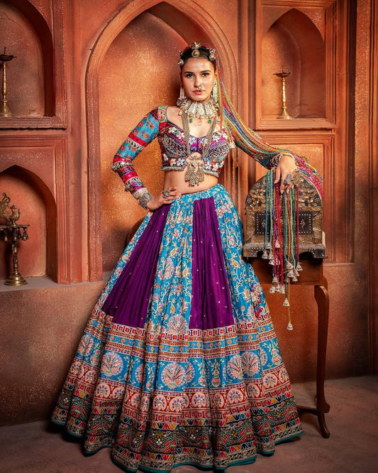 Gujarati Navratri Garba Outfit Mirror Work Lehenga Choli with Digital Print, Real Mirror & Fancy Lace Work – Festive Ethnic Lehenga Set