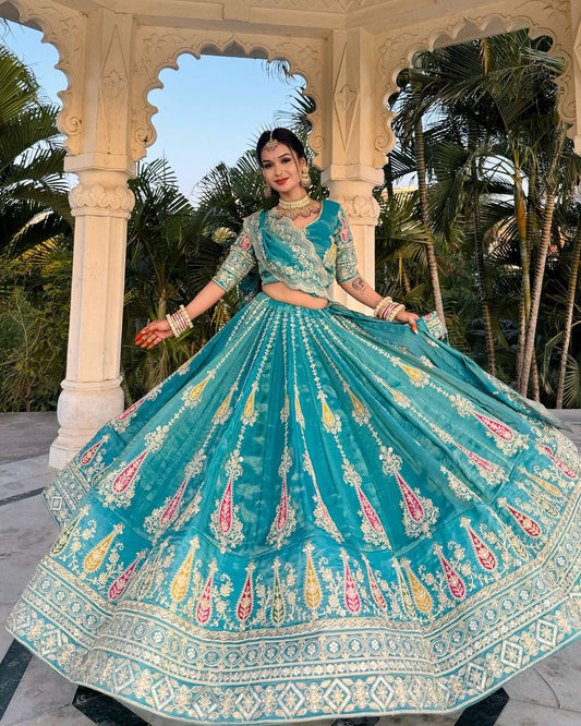 Gujarati Navratri Garba Outfit Embroidered Lehenga Choli with Sequins & Thread Work – Elegant Cosmos Simmer Festival Lehenga Set