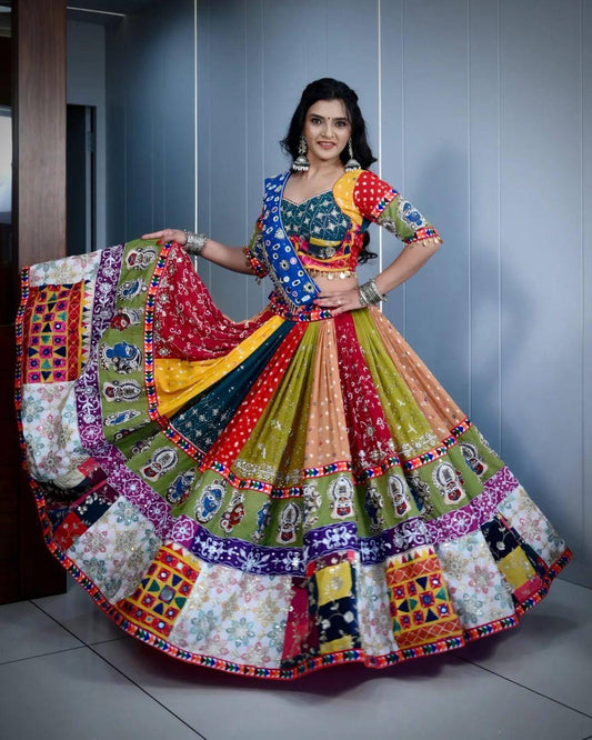 Gujarati Navratri Garba Lehenga Choli with Real Mirror Work, Digital Print & Fancy Lace – Festive Ethnic Lehenga Dupatta Set