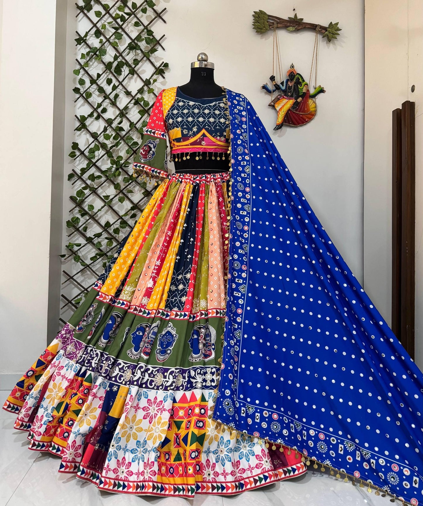 Gujarati Navratri Garba Lehenga Choli with Real Mirror Work, Digital Print & Fancy Lace – Festive Ethnic Lehenga Dupatta Set