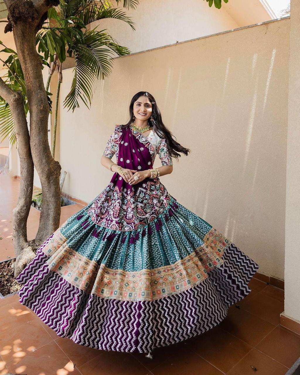 Gujarati Navratri Garba Outfit Mirror Work Lehenga Choli with Digital Print & Resham Lace – Festive Ethnic Muslin Cotton Lehenga Set