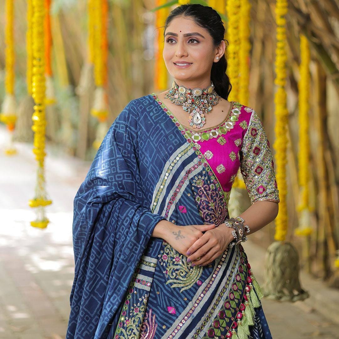 Navratri Garba Lehenga Choli in Heavy Muslin Cotton with Digital Print, Real Mirror Work & Fancy Resham Lace – Festive Gujarati Lehenga Set