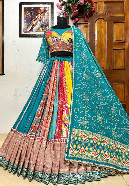Navratri Special Muslin Cotton Lehenga Choli with Real Mirror Work, Canvas Patta Border & Handcrafted Lace – Festive Indian Outfit