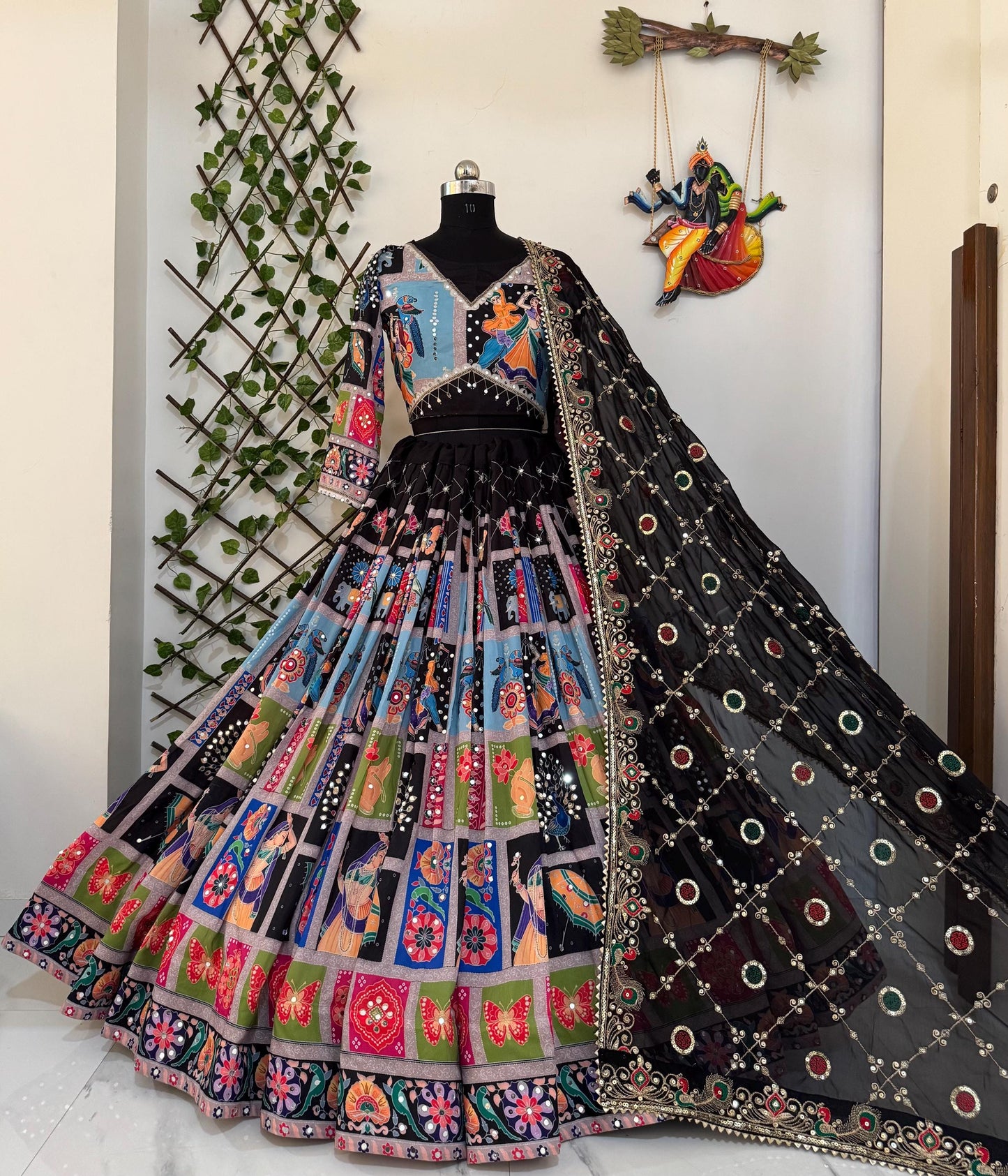 Navratri Special Muslin Cotton Lehenga Choli with Real Mirror Work, Digital Print & Georgette Dupatta – Festive Ethnic Wear