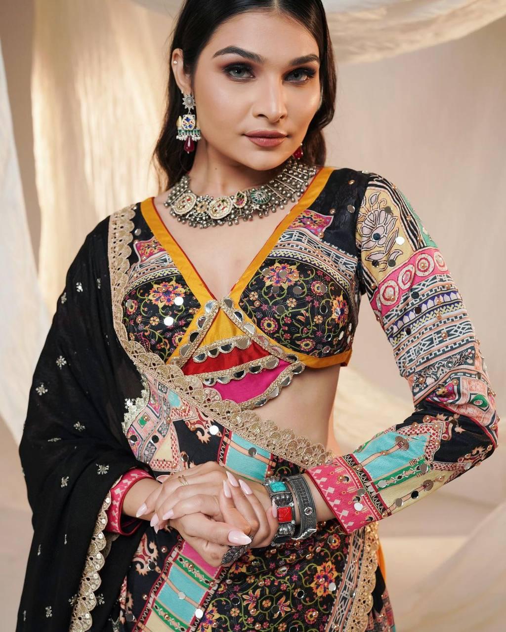 Navratri Special Designer Printed Lehenga Choli in Heavy Muslin Cotton with Digital Print & Real Mirror Work, Festive Indian Outfit