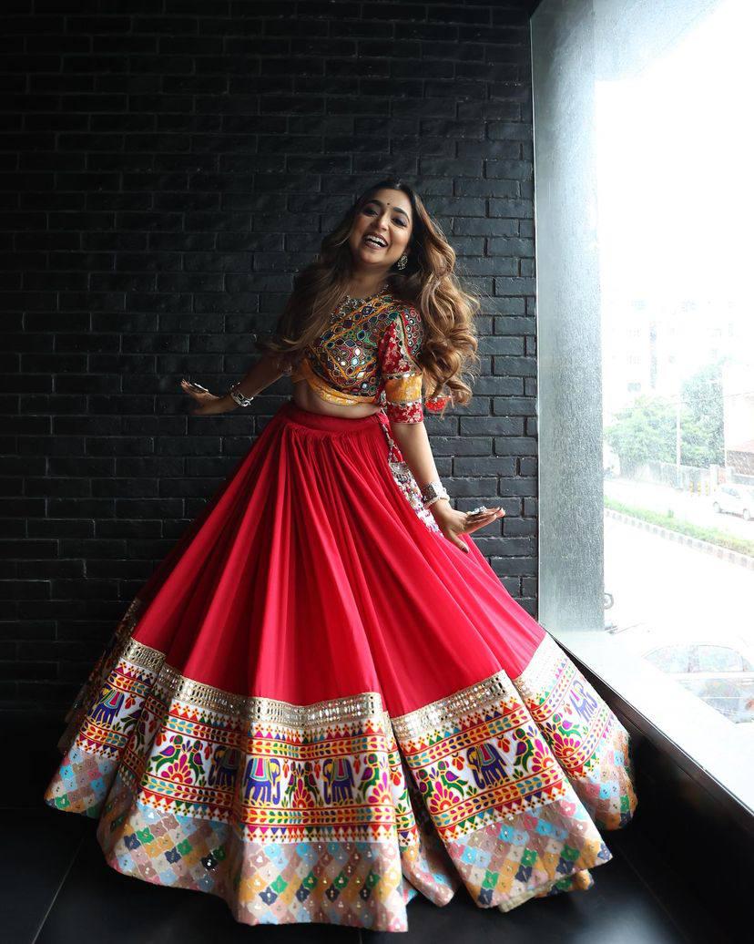 Navratri Special Designer Muslin Cotton Lehenga Choli with Digital Print & Real Mirror Work, Festive Garba And Wedding Outfit