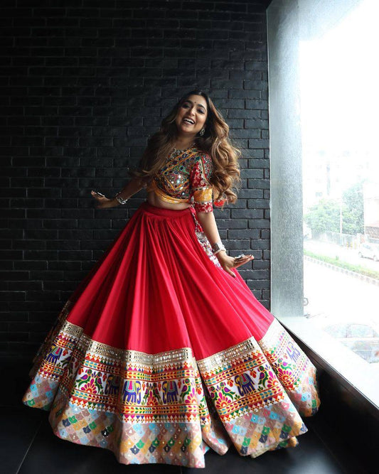 Navratri Special Designer Muslin Cotton Lehenga Choli with Digital Print & Real Mirror Work, Festive Garba And Wedding Outfit