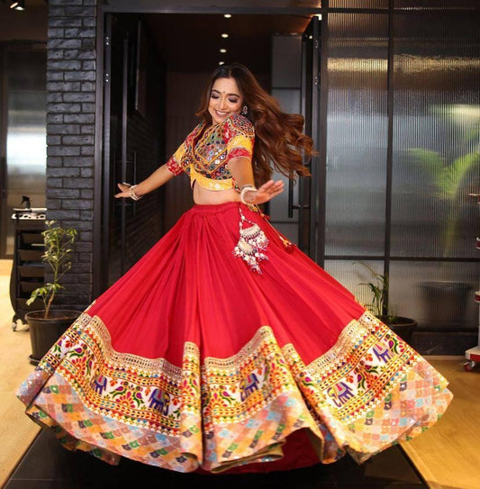 Navratri Special Designer Muslin Cotton Lehenga Choli with Digital Print & Real Mirror Work, Festive Garba And Wedding Outfit