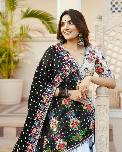 Navratri Special Muslin Cotton Lehenga Choli with Embroidery, Digital Print & Real Mirror Work – Festive Garba And Wedding Wear