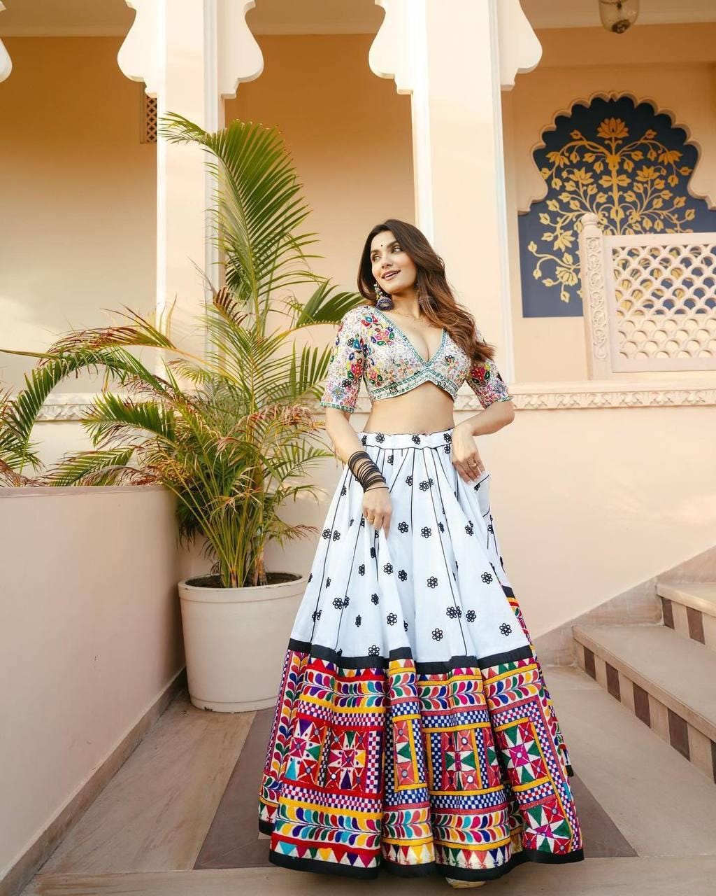 Navratri Special Muslin Cotton Lehenga Choli with Embroidery, Digital Print & Real Mirror Work – Festive Garba And Wedding Wear