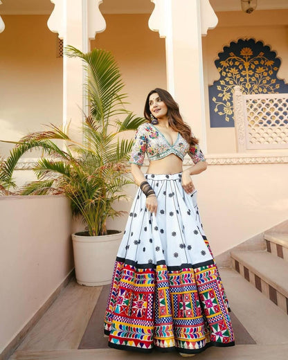 Navratri Special Muslin Cotton Lehenga Choli with Embroidery, Digital Print & Real Mirror Work – Festive Garba And Wedding Wear