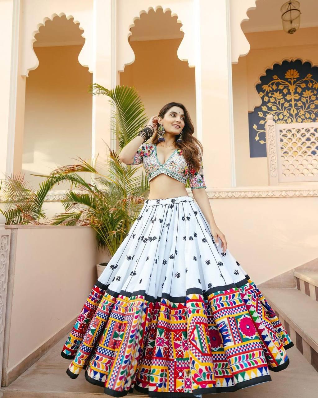 Navratri Special Muslin Cotton Lehenga Choli with Embroidery, Digital Print & Real Mirror Work – Festive Garba And Wedding Wear