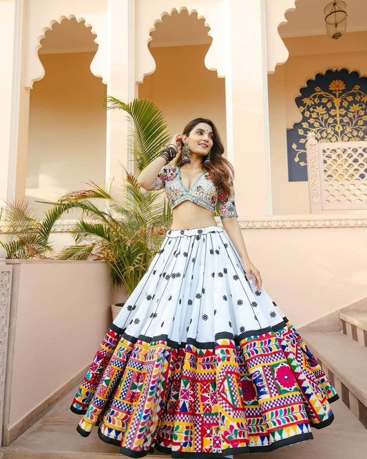Navratri Special Muslin Cotton Lehenga Choli with Embroidery, Digital Print & Real Mirror Work – Festive Garba And Wedding Wear