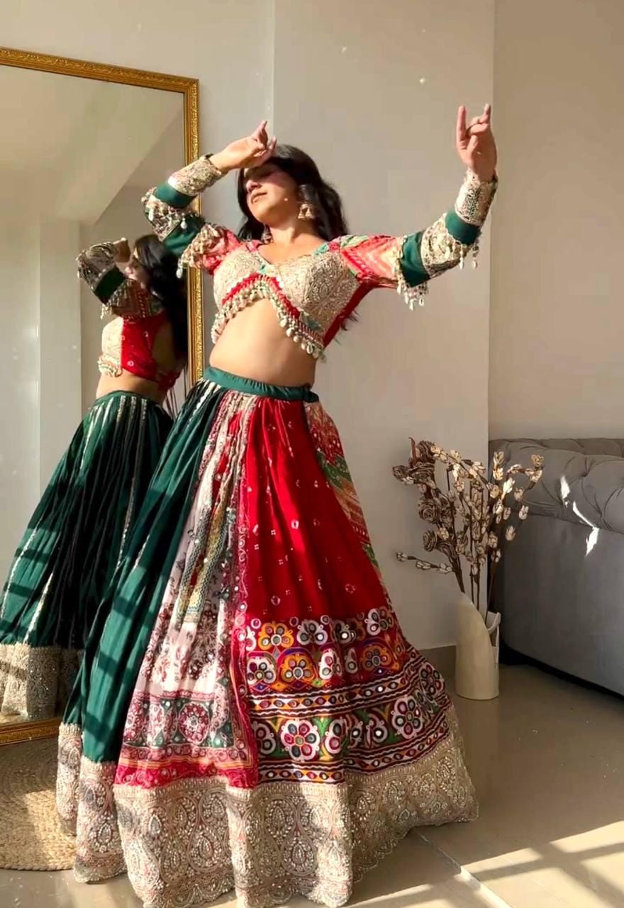 Navratri Special Muslin Cotton Lehenga Choli with Gota Patti Lace, Real Mirror Work & Handcrafted Dupatta for Festive Wear