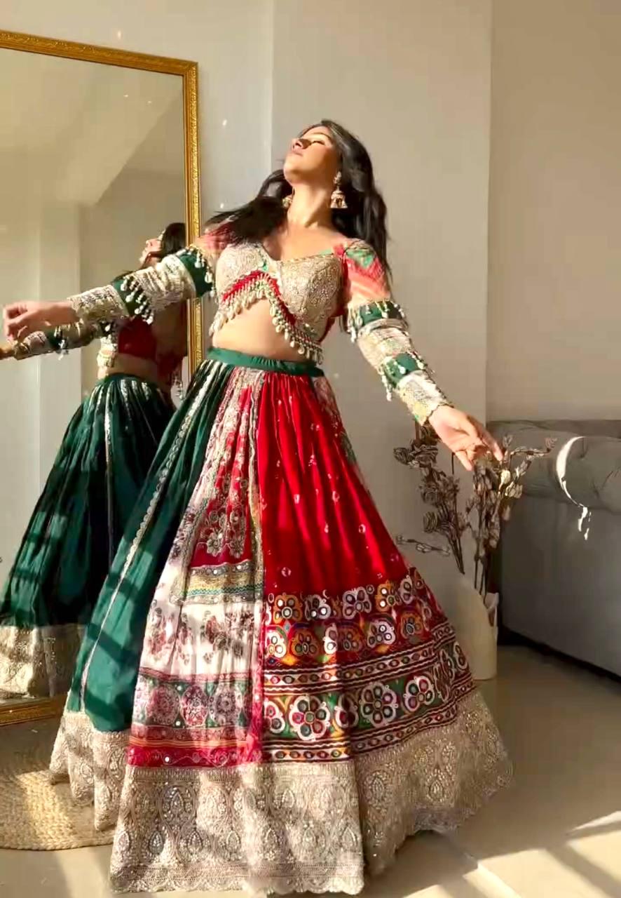 Navratri Special Muslin Cotton Lehenga Choli with Gota Patti Lace, Real Mirror Work & Handcrafted Dupatta for Festive Wear