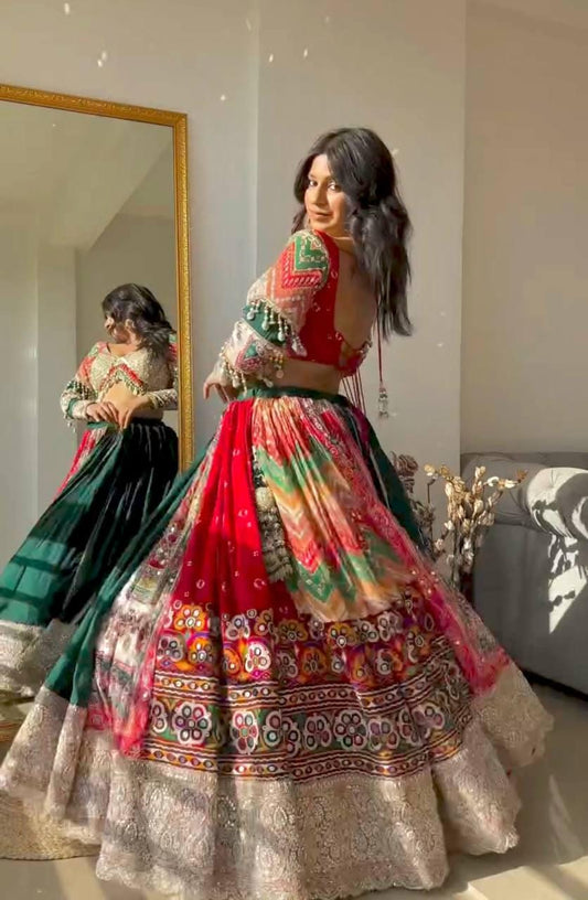 Navratri Special Muslin Cotton Lehenga Choli with Gota Patti Lace, Real Mirror Work & Handcrafted Dupatta for Festive Wear