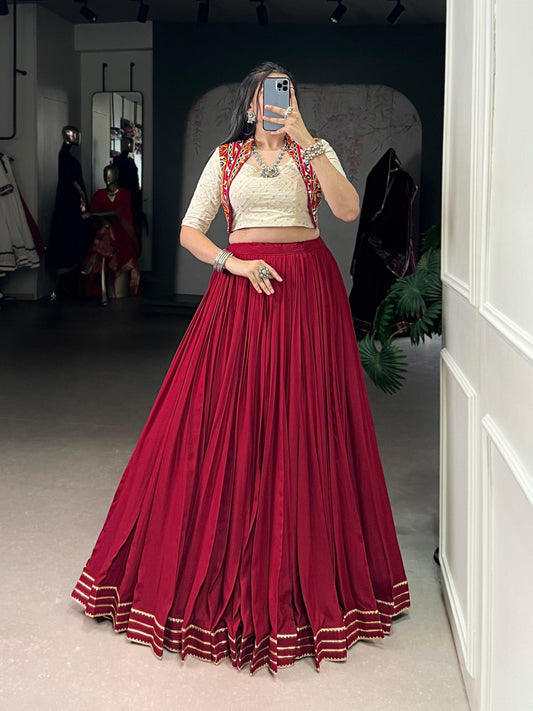 Navratri 2025 Rayon Lehenga Choli with Gamthi Mirror Work, Sequins Embroidery & Gota Patti Lace – Festive Garba Dance Outfit