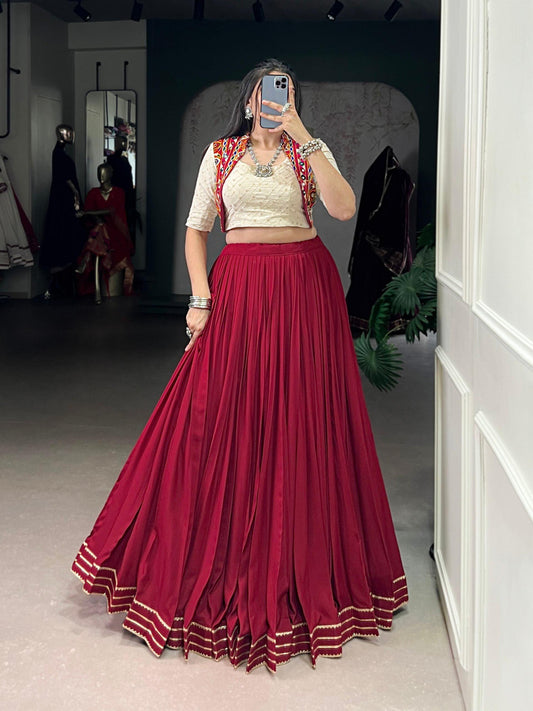 Navratri 2025 Rayon Lehenga Choli with Gamthi Mirror Work, Sequins Embroidery & Gota Patti Lace – Festive Garba Dance Outfit