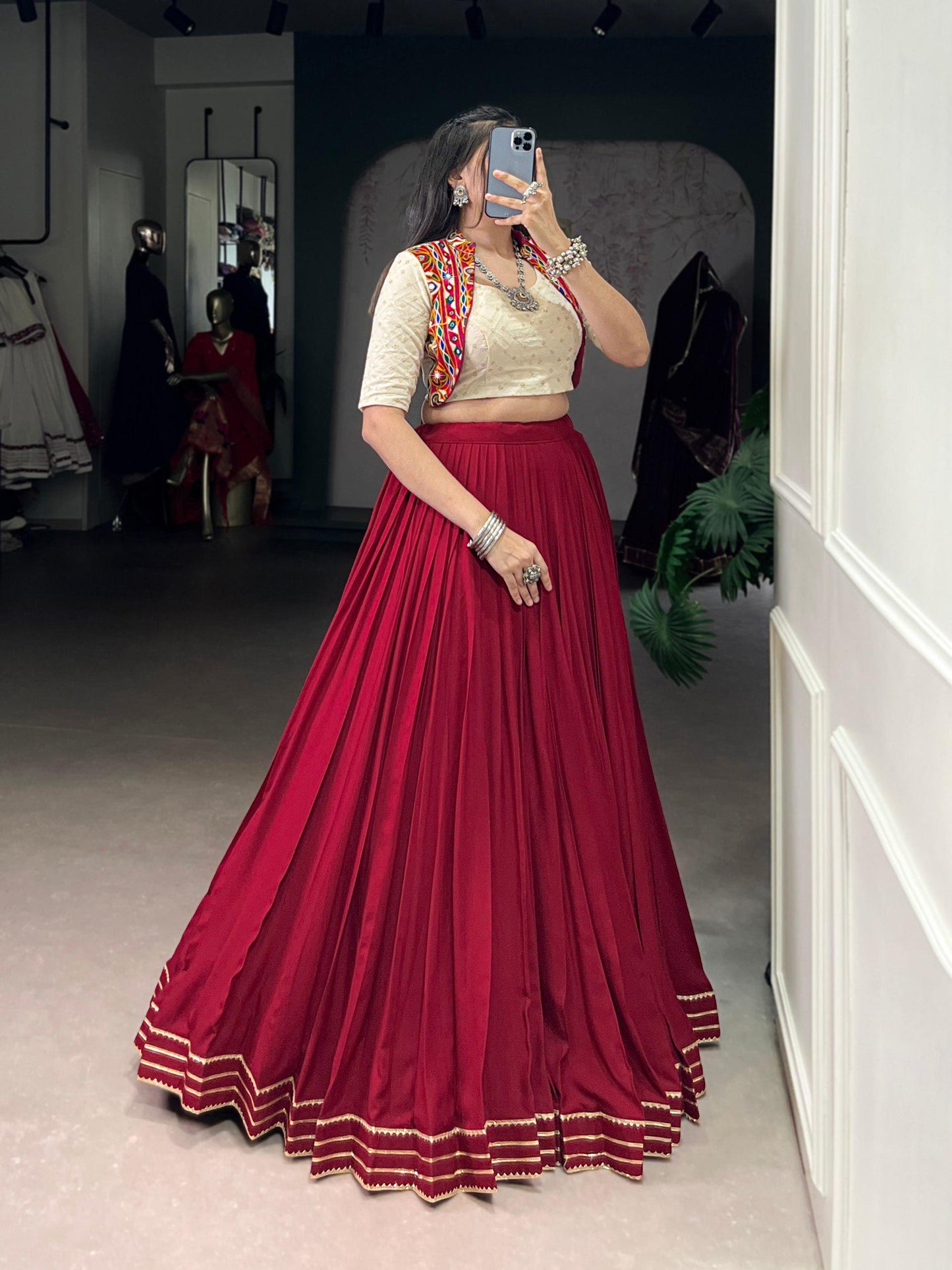 Navratri 2025 Rayon Lehenga Choli with Gamthi Mirror Work, Sequins Embroidery & Gota Patti Lace – Festive Garba Dance Outfit