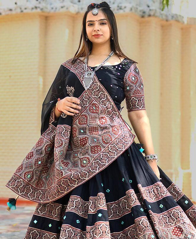 Navratri Printed Lehenga Choli with Real Mirror Work, Crape Silk Skirt, Georgette Dupatta, Festive Indian Ethnic Wear