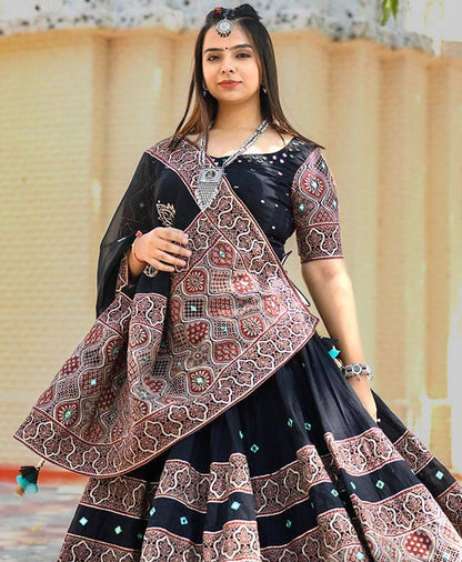 Navratri Printed Lehenga Choli with Real Mirror Work, Crape Silk Skirt, Georgette Dupatta, Festive Indian Ethnic Wear