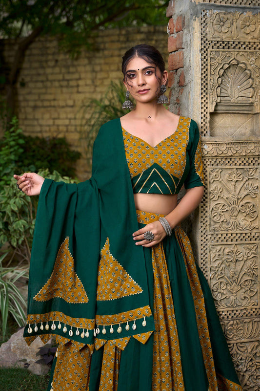 Mustard Green Cotton Chaniya Choli with Printed Kali & Cowrie Lace – Elegant Navratri Lehenga Choli for Garba and Festive Celebrations