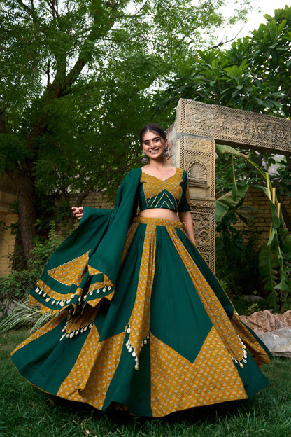 Mustard Green Cotton Chaniya Choli with Printed Kali & Cowrie Lace – Elegant Navratri Lehenga Choli for Garba and Festive Celebrations