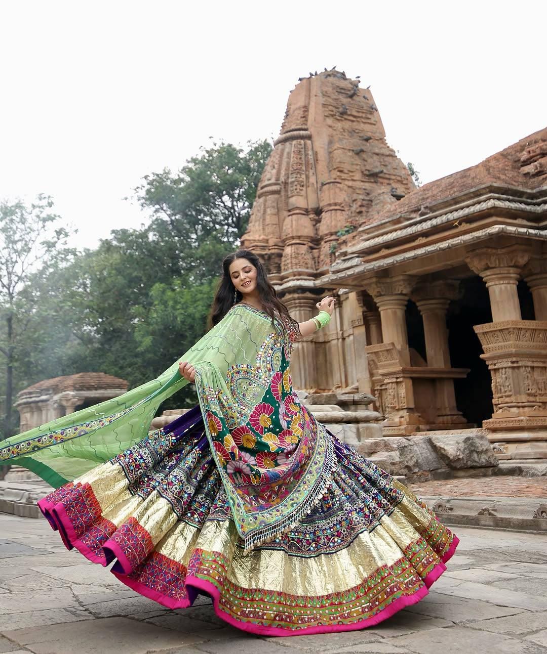 Navratri Chaniya Choli with Real Mirror Work | Muslin Cotton Lehenga Choli with Digital Print & Dupatta | Garba Festival Outfit