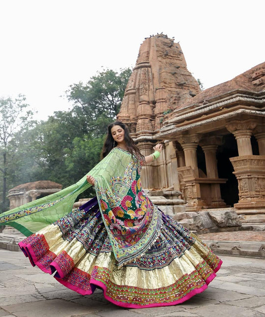 Navratri Chaniya Choli with Real Mirror Work | Muslin Cotton Lehenga Choli with Digital Print & Dupatta | Garba Festival Outfit