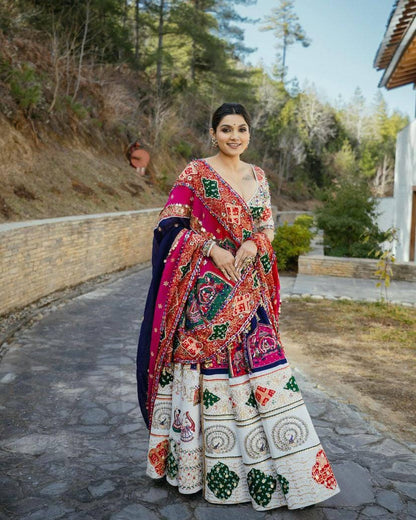 Designer Muslin Cotton Lehenga Choli with Digital Print, Real Mirror Work & Dupatta – Festive Indian Outfit for Navratri and Weddings