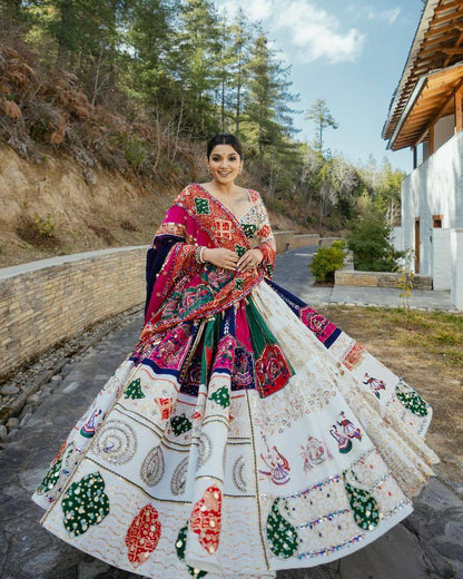 Designer Muslin Cotton Lehenga Choli with Digital Print, Real Mirror Work & Dupatta – Festive Indian Outfit for Navratri and Weddings