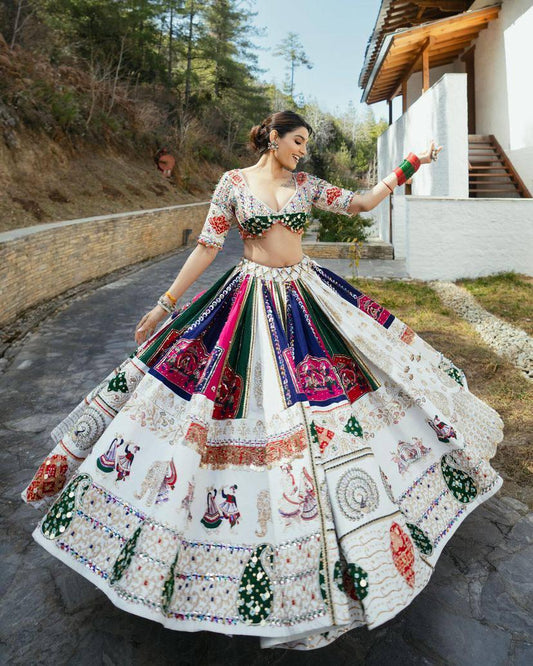 Designer Muslin Cotton Lehenga Choli with Digital Print, Real Mirror Work & Dupatta – Festive Indian Outfit for Navratri and Weddings
