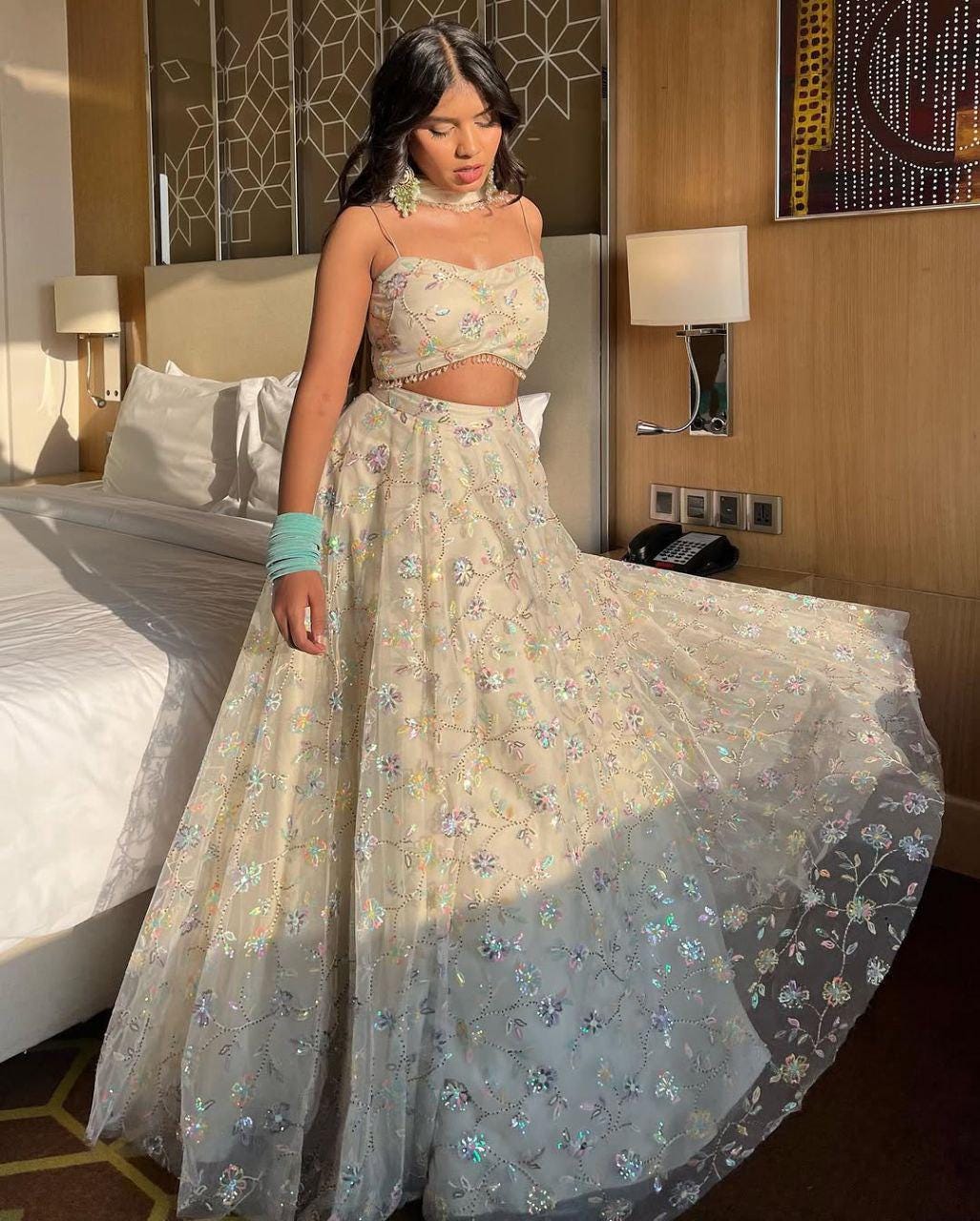 Premium Tabby Silk Lehenga Choli Set with Embroidery & Heavy Rainbow Sequins Work | Designer Wedding And Party Wear Outfit