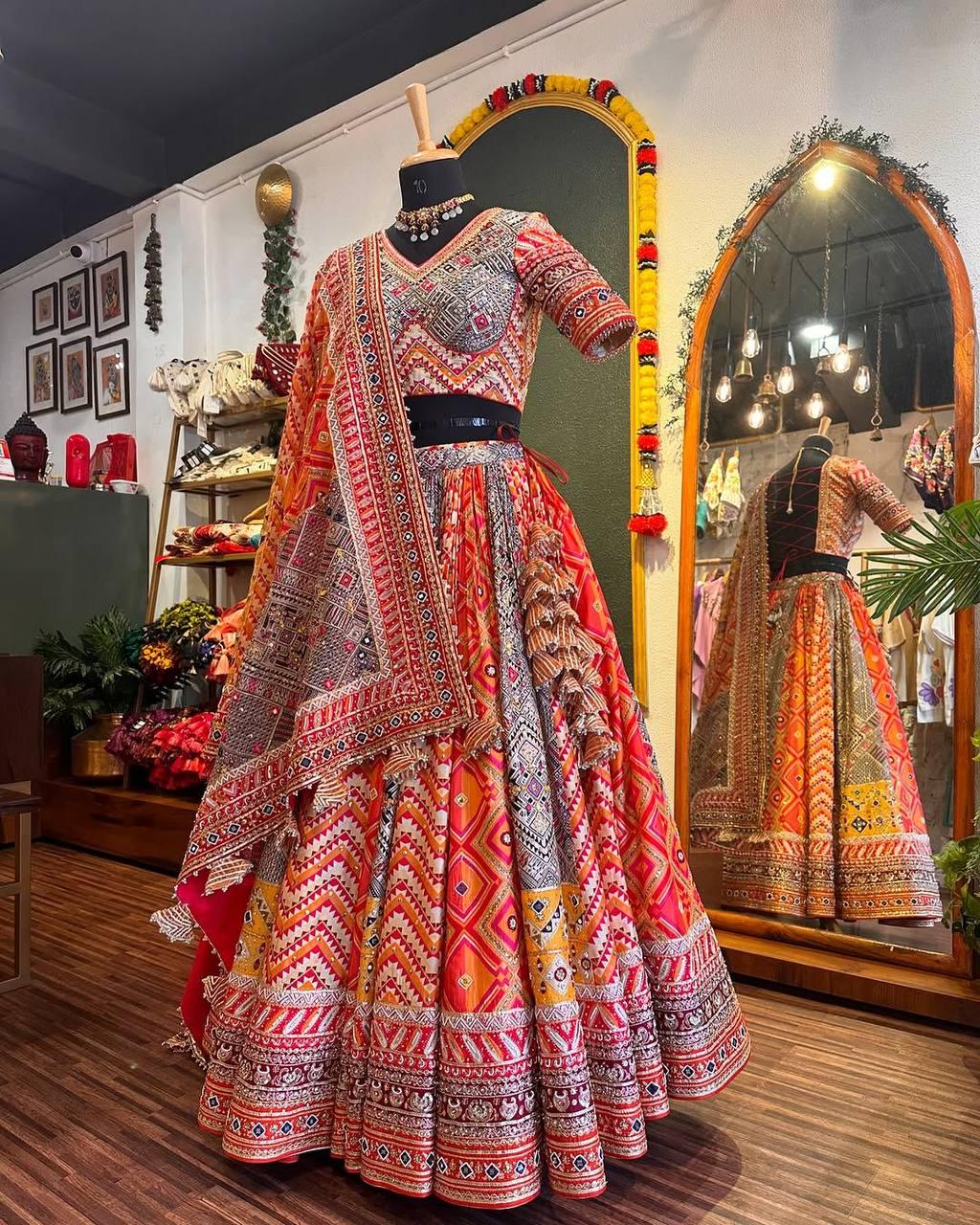 Muslin Cotton Digital Print Lehenga Choli with Real Mirror & Gota Patti Work, Designer Dupatta with Golden Pearl Lace, Festive Wear