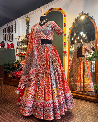 Muslin Cotton Digital Print Lehenga Choli with Real Mirror & Gota Patti Work, Designer Dupatta with Golden Pearl Lace, Festive Wear