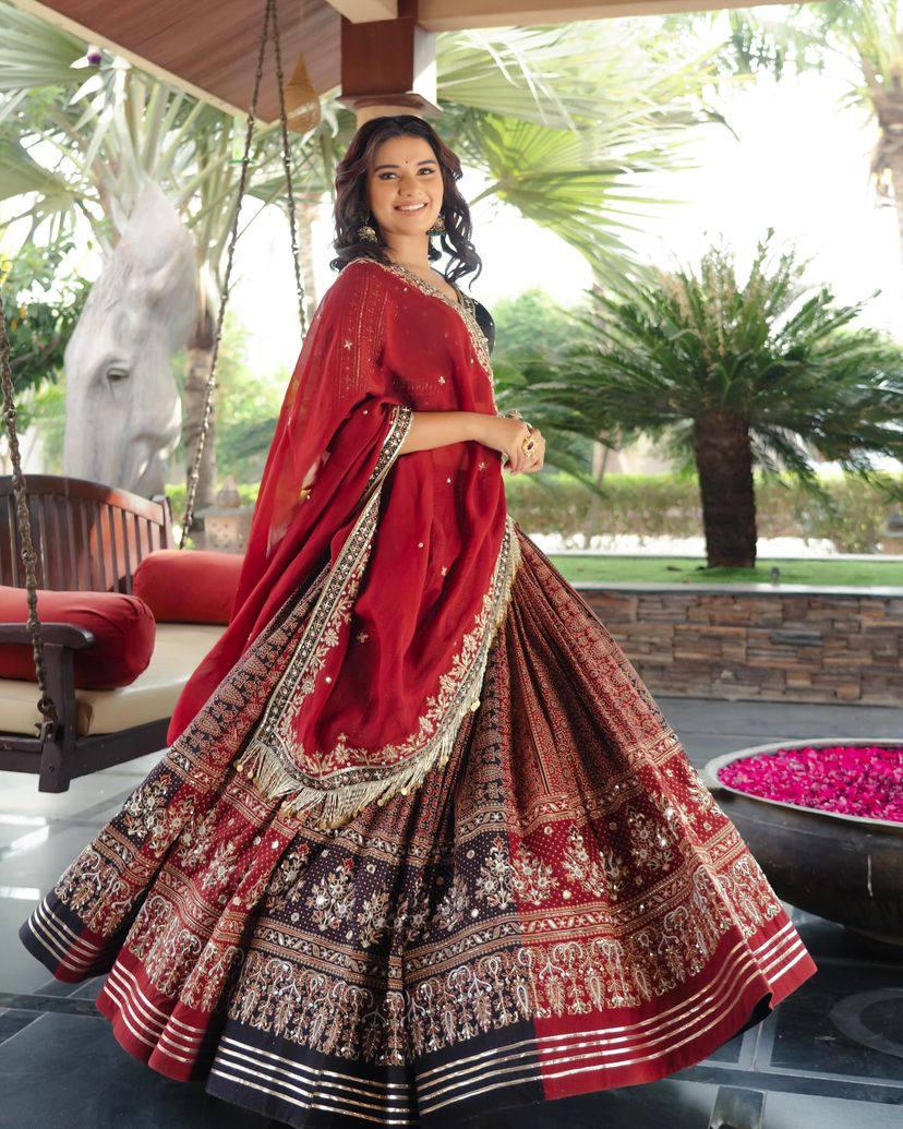 Designer Navratri Special Lehenga Choli in Heavy Muslin Cotton with Real Mirror Work, Gota Patti Lace & Embroidered Georgette Dupatta