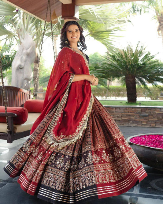 Designer Navratri Special Lehenga Choli in Heavy Muslin Cotton with Real Mirror Work, Gota Patti Lace & Embroidered Georgette Dupatta