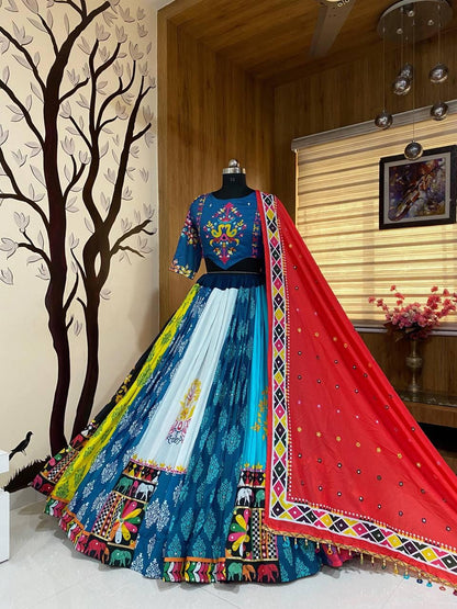 Navratri Special Printed Lehenga Choli Set | Designer Muslin Cotton Outfit with Real Mirror Work & Handcrafted Dupatta