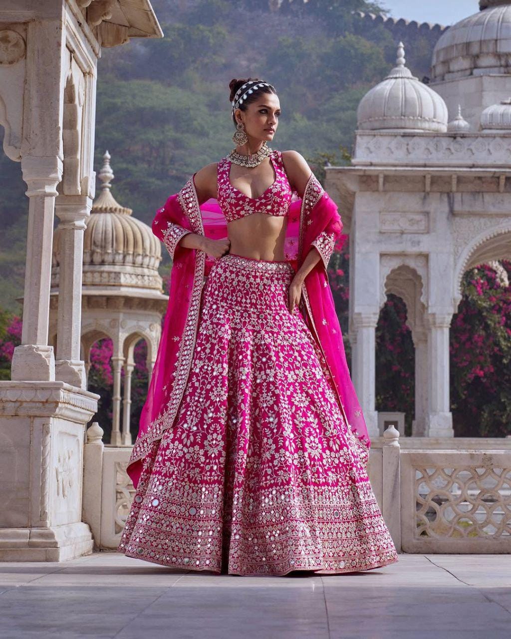 Designer Georgette Lehenga Choli with Embroidery, Mirror & Sequin Work, Organza Dupatta, Party Wear Indian Ethnic Outfit for Women