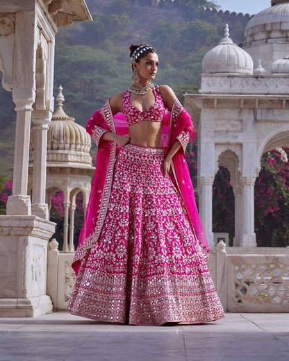 Designer Georgette Lehenga Choli with Embroidery, Mirror & Sequin Work, Organza Dupatta, Party Wear Indian Ethnic Outfit for Women