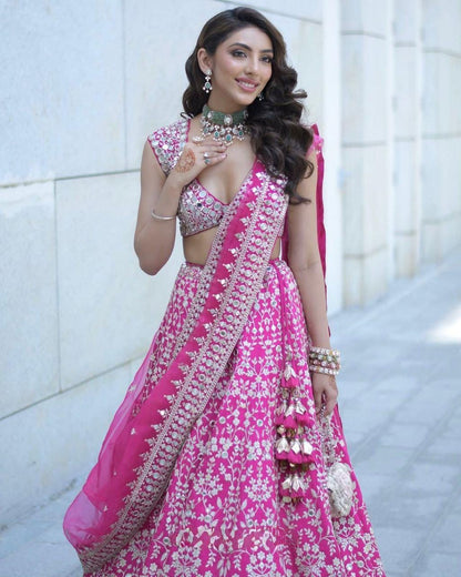 Designer Georgette Lehenga Choli with Embroidery, Mirror & Sequin Work, Organza Dupatta, Party Wear Indian Ethnic Outfit for Women