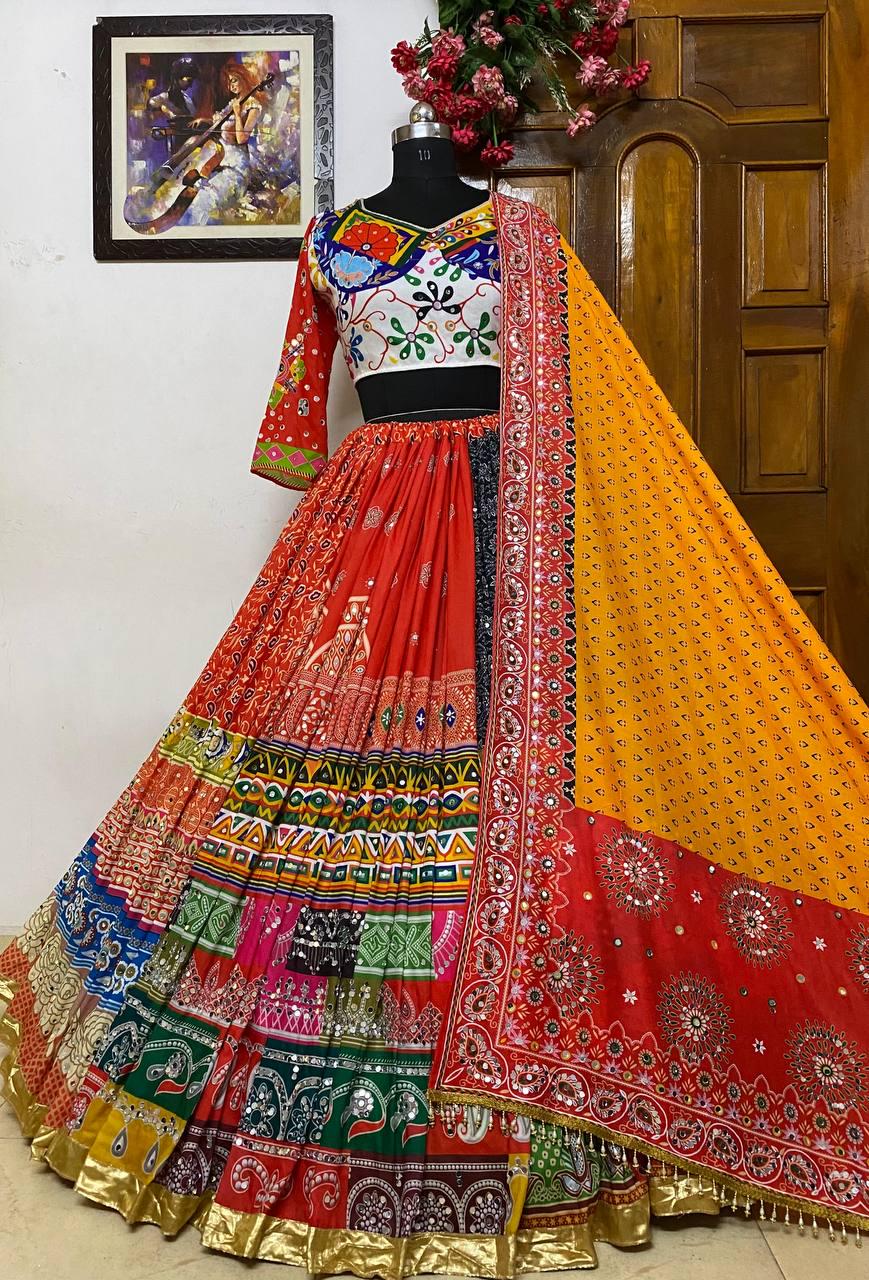 Designer Muslin Cotton Lehenga Choli with Digital Print & Heavy Real Mirror Work Dupatta | Navratri Festival Ethnic Wear Outfit