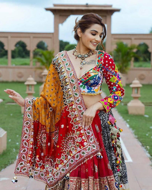 Designer Muslin Cotton Lehenga Choli with Digital Print & Heavy Real Mirror Work Dupatta | Navratri Festival Ethnic Wear Outfit