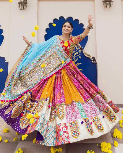 Designer Muslin Cotton Lehenga Choli with Digital Print, Real Mirror Work & Dupatta with PomPom Lace – Festive Wedding Outfit
